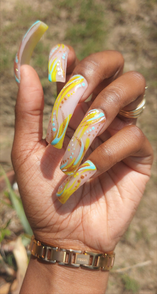 Cha-Ching Curve 90s nail style $et Lime, baby blue, and gold